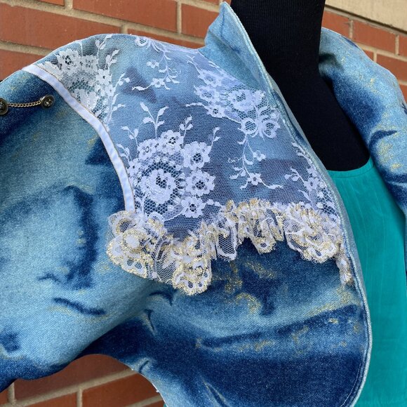 Vintage 80s Acid Wash Embellished Lace Batwing Denim Jacket | Size Large - Picture 5 of 16